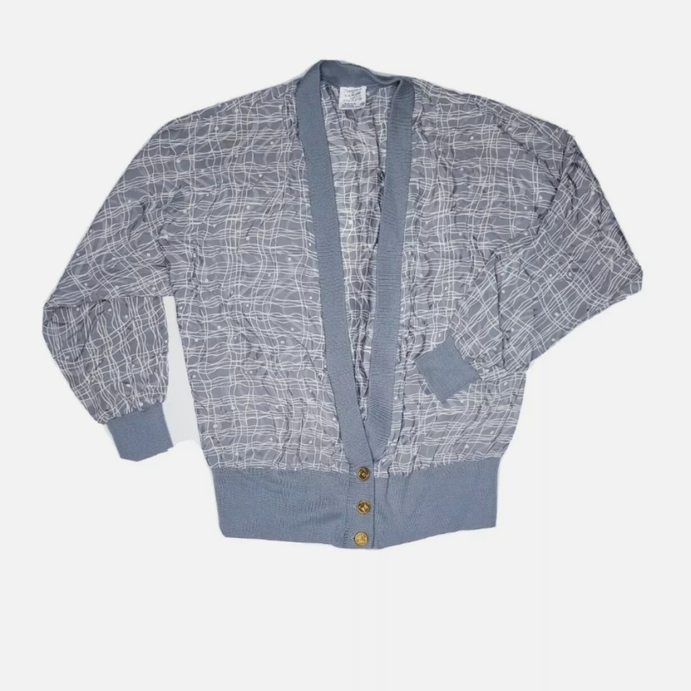 Vtg 80s Francesca Of Damon Gray 100% Silk Cardigan Jacket Top V Neck Size 8